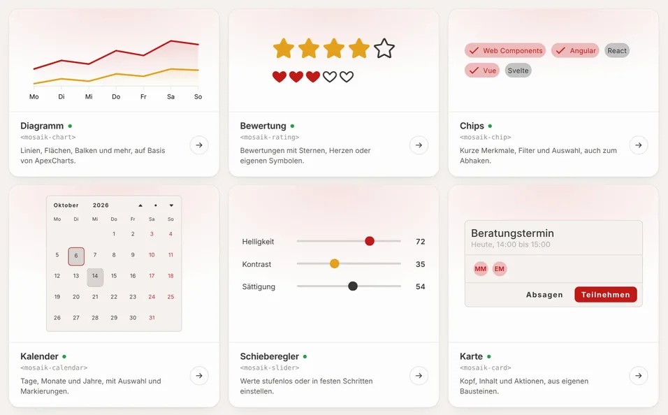 Sechs Mosaik-Komponenten in den Farben von FLAMOX365: Ein Diagramm mit zwei Linien, eine Bewertung mit Sternen und Herzen, Chips, ein Kalender für Oktober 2026, drei Schieberegler und eine Karte „Beratungstermin“.