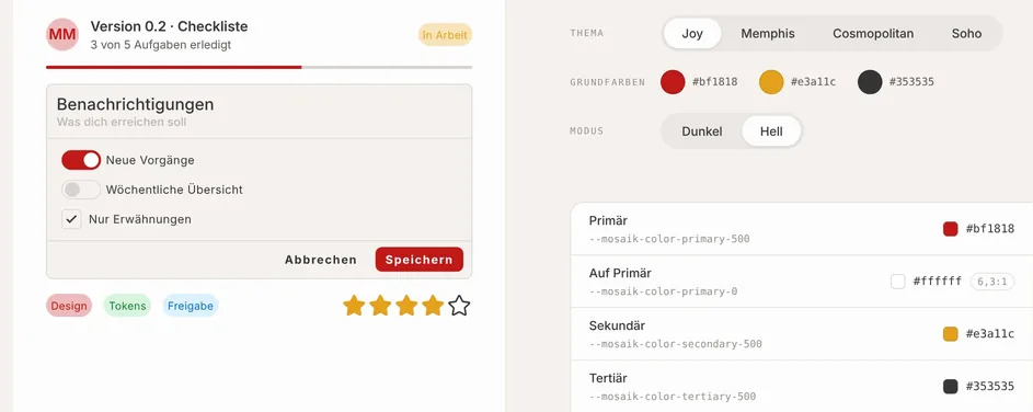 Token-Ansicht im Thema von FLAMOX365: Links eine Karte mit Fortschritt, Schaltern, Kontrollkästchen, Chips und Bewertung, rechts die Auswahl der Themen Joy, Memphis, Cosmopolitan und Soho, die Grundfarben #bf1818, #e3a11c und #353535 und die Variablen für Primär, Sekundär und Tertiär.