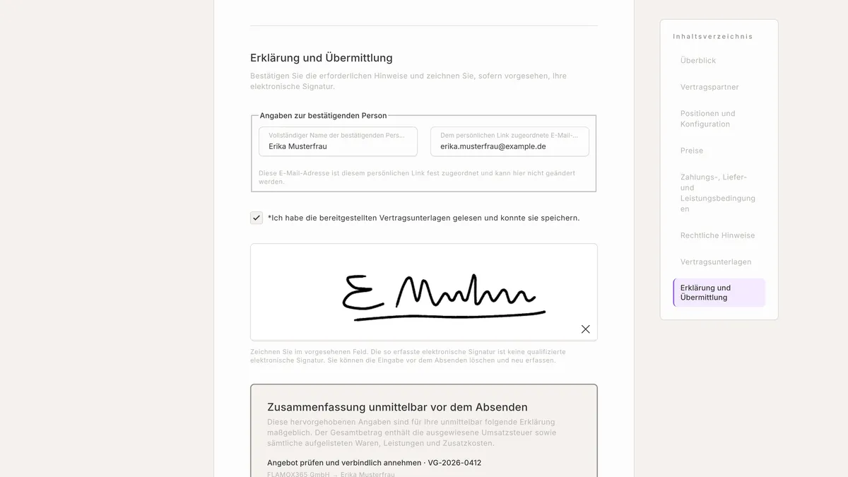 Kundenseite mit Bestätigungen und der digitalen Unterschrift von Erika Musterfrau