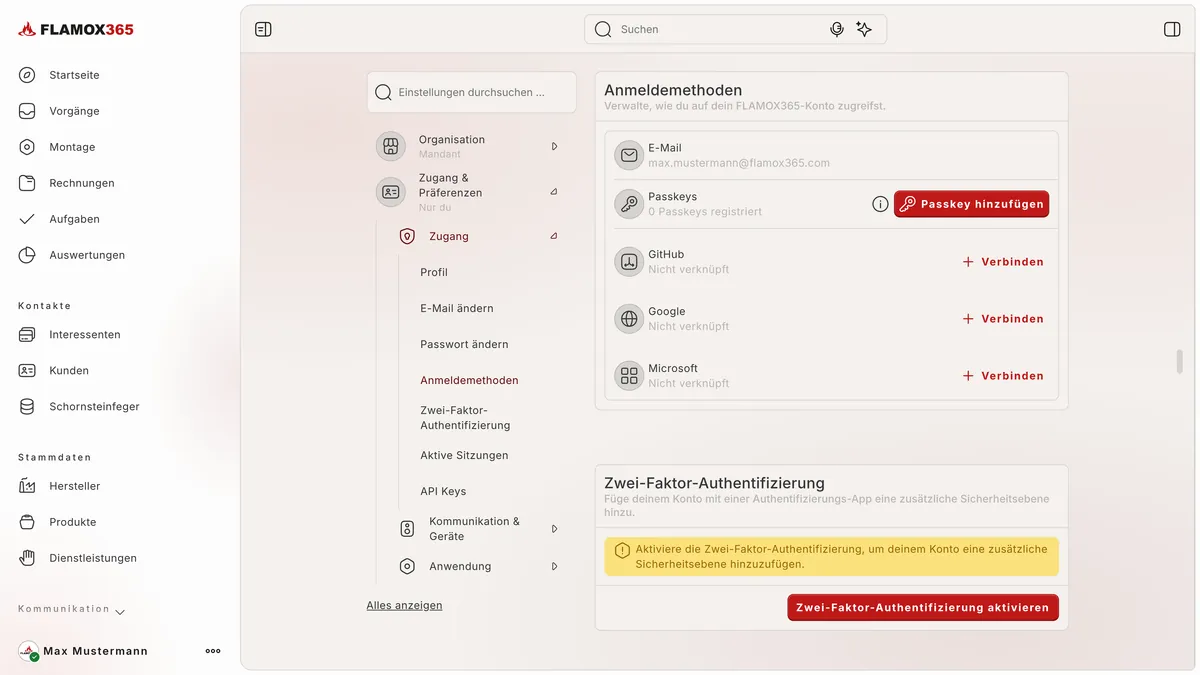 Anmeldemethoden mit E-Mail, Passkeys und den verknüpfbaren Konten GitHub, Google und Microsoft