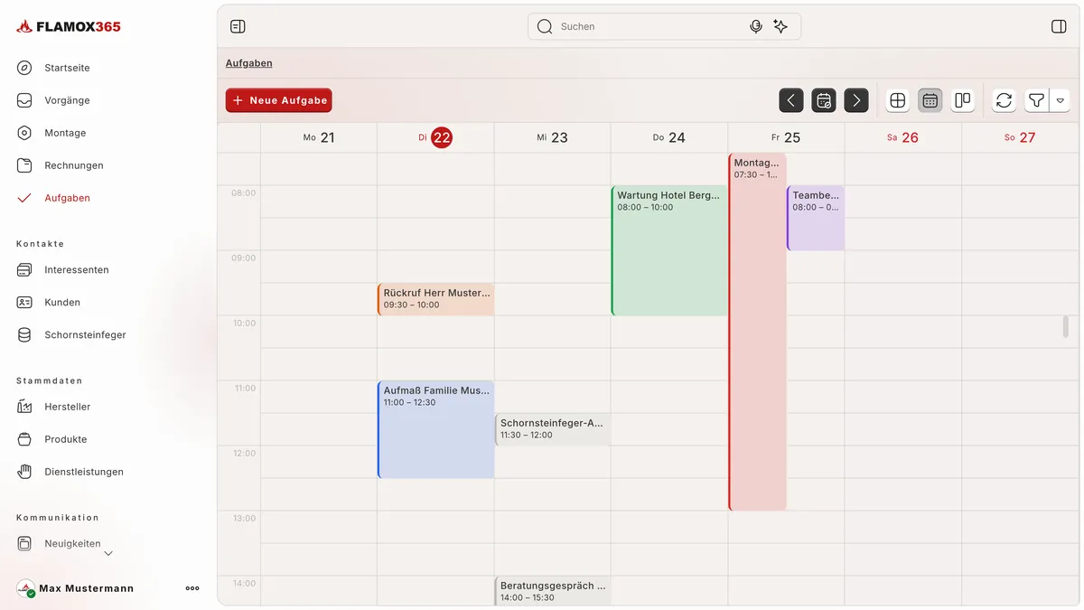 Aufgaben im Wochenkalender mit farbigen Terminen wie Rückruf, Aufmaß, Wartung, Montage und Teambesprechung