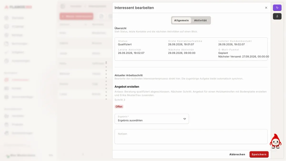 Interessent im Portal mit Status „Qualifiziert“ und dem nächsten Arbeitsschritt „Angebot erstellen“
