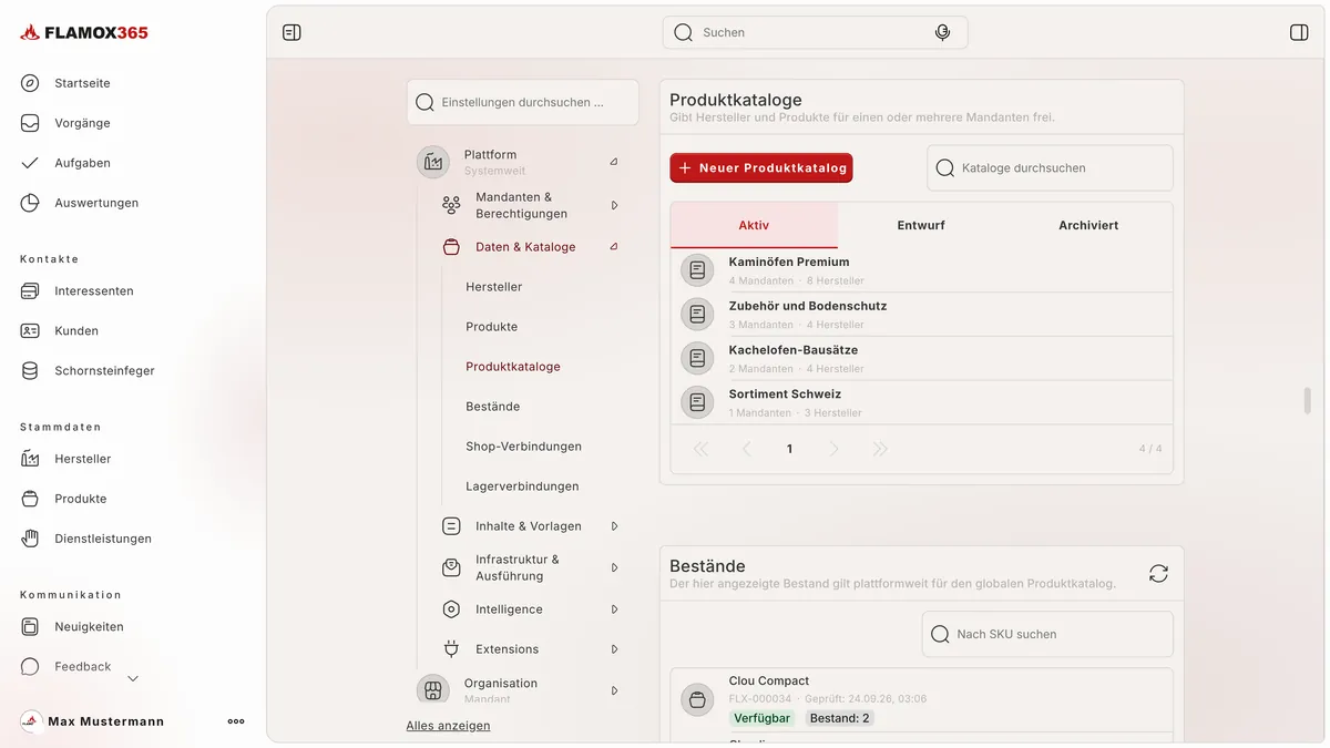 Produktkataloge mit aktiven Katalogen und Beständen aus der Warenwirtschaft