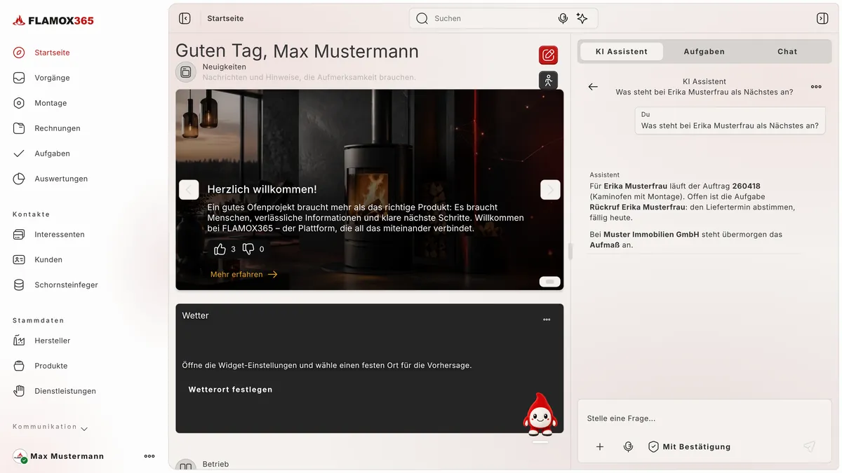 KI-Suche mit der Frage „Was steht bei Erika Musterfrau als Nächstes an?“ und der Antwort des KI Assistenten