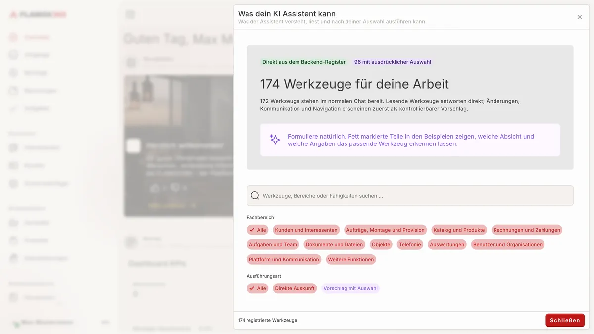 Übersicht „Was dein KI Assistent kann“ mit Werkzeugen nach Fachbereichen