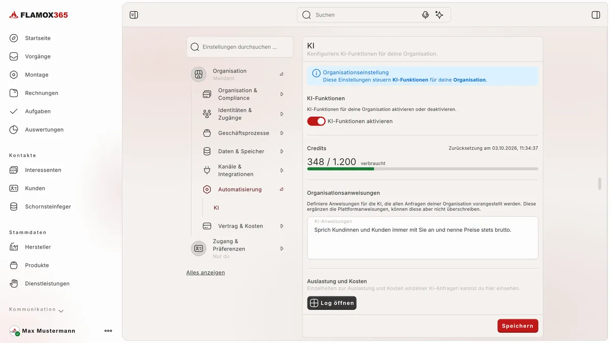 KI-Einstellungen der Organisation mit Schalter, verbrauchten Credits und Organisationsanweisung