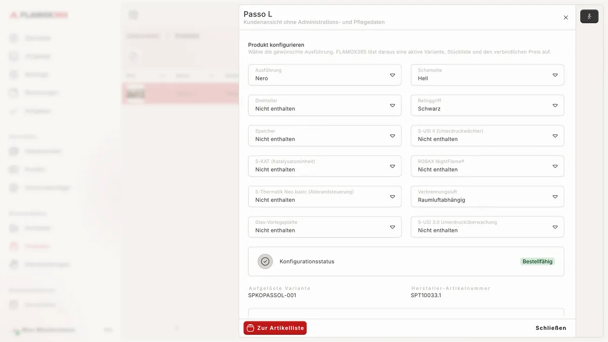 Konfiguration eines Kaminofens mit Ausführung, Scheibe, Griff und dem Konfigurationsstatus „Bestellfähig“