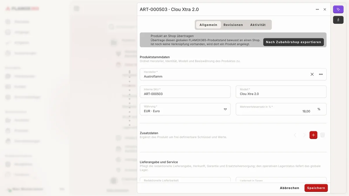 Produkteditor mit den Ansichten Allgemein, Revisionen und Aktivität, den Produktstammdaten Hersteller, interne SKU, Modell, Währung und Mehrwertsteuersatz sowie den Zusatzdaten