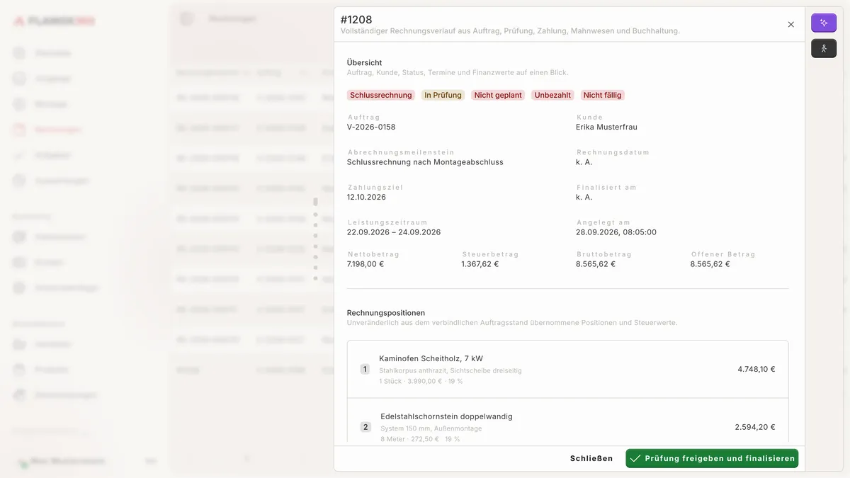 Rechnungsentwurf mit Positionen Kaminofen und Edelstahlschornstein zur Prüfung und Freigabe Rechnungsentwurf mit Positionen Kaminofen und Edelstahlschornstein zur Prüfung und Freigabe