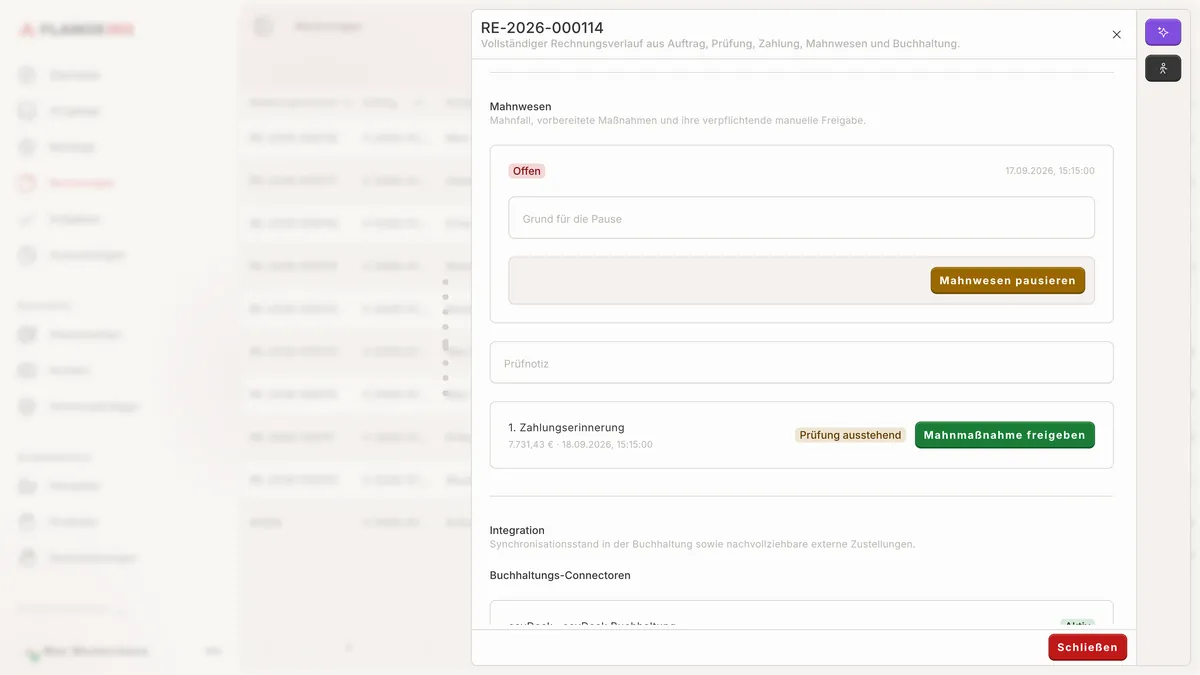 Mahnwesen einer Rechnung mit Zahlungserinnerung, die zur Freigabe bereitsteht