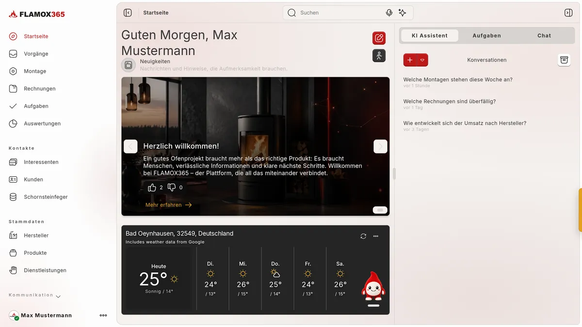 FLAMOX365-Startseite mit Begrüßung, der Neuigkeit „Herzlich willkommen!“ und dem geöffneten KI Assistenten mit Fragen wie „Welche Rechnungen sind überfällig?“