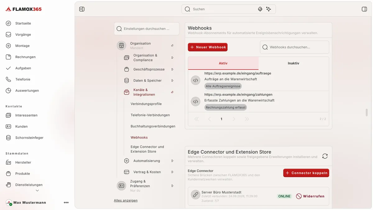 Einstellungen der Organisation mit der Karte Webhooks: Zwei aktive Abonnements an die Warenwirtschaft für alle Auftragsereignisse und für erfasste Rechnungszahlungen, darunter der Edge Connector „Server Büro Musterstadt“